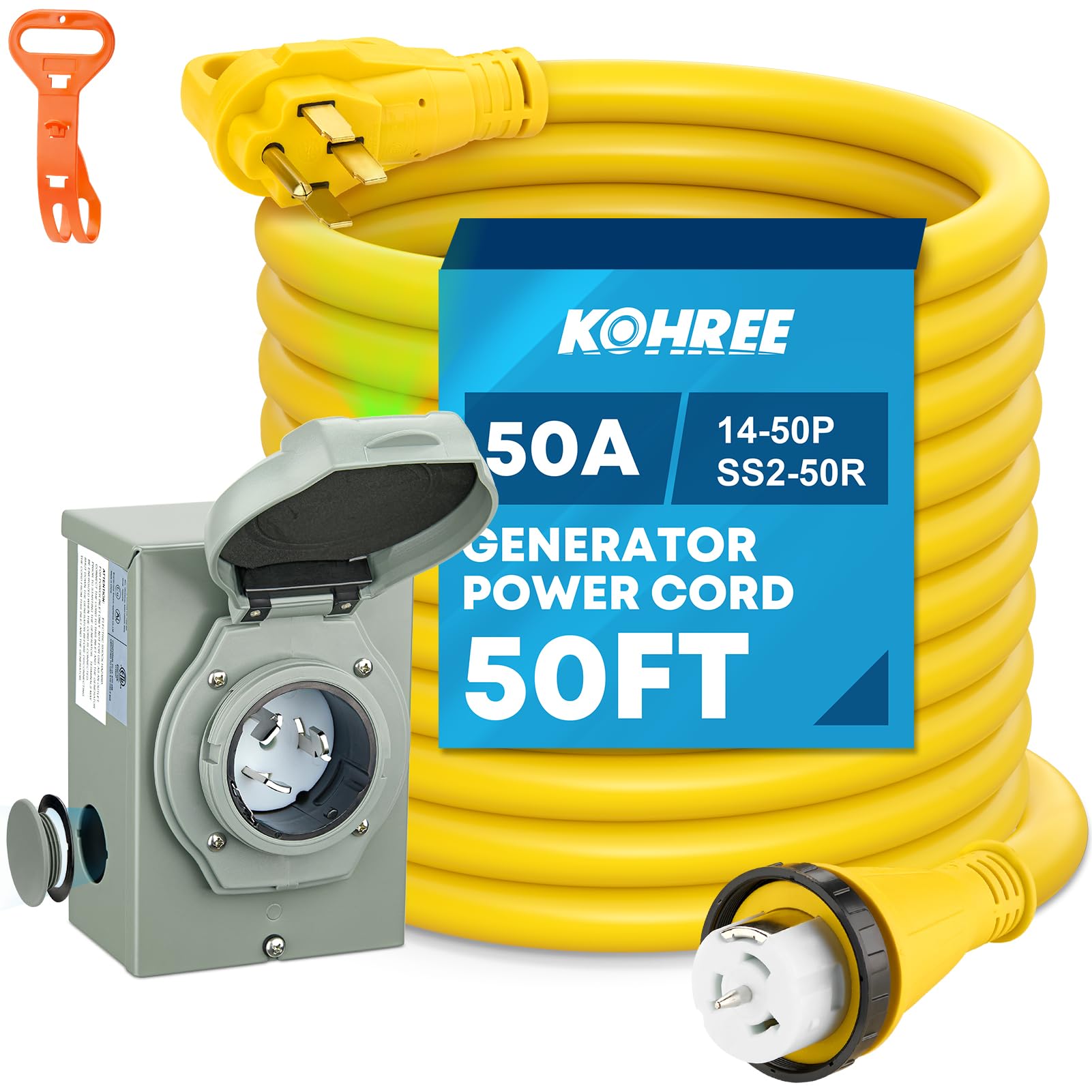 Kohree 50 Amp Generator Cord and Power Inlet Box Kit, 50FT NEMA 14-50P to SS2-50R Generator Extension Cord, 50Amp Pre-drilled Generator Inlet Box with Cable Waterproof Combo Kit, 125/250V, ETL Listed