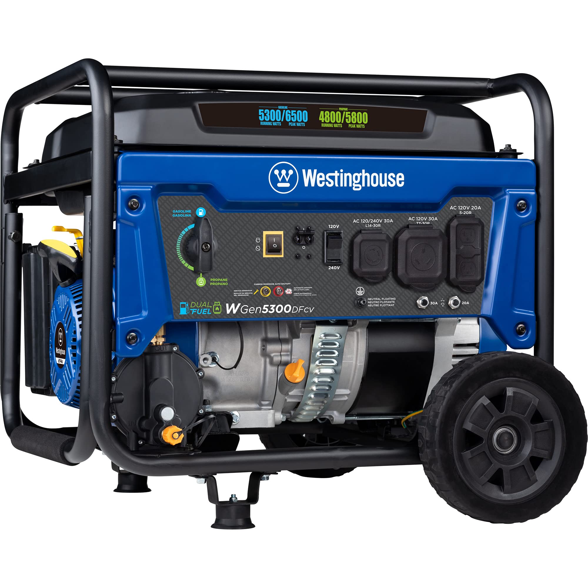 Westinghouse 6500 Watt Dual Fuel Home Backup Portable Generator, Transfer Switch Ready 30A Outlet, RV Ready 30A Outlet, CO Sensor